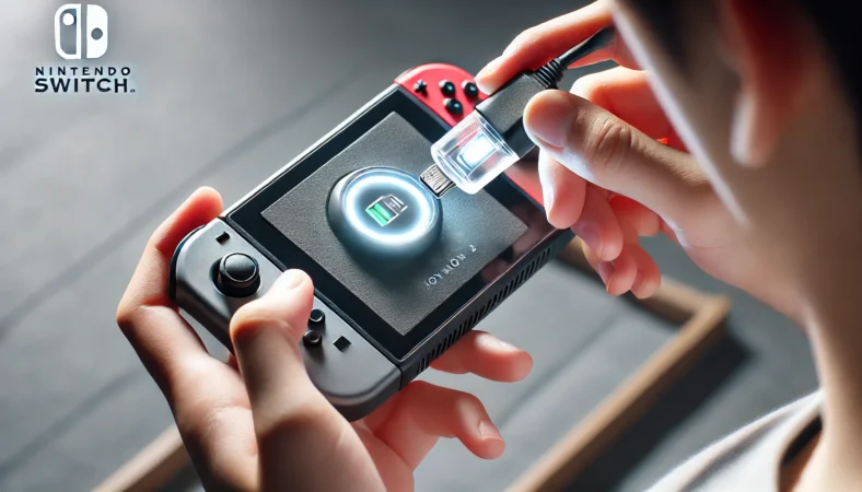 任天堂Switch 2のJoy-Con 2充電グリップを手に持ち、充電ランプの点灯状態を確認している日本人ユーザーのクローズアップシーン。充電中であることが視覚的に明確な室内の様子。