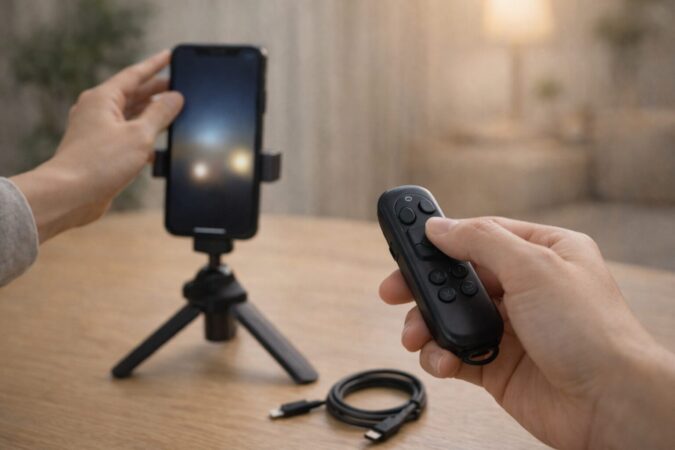 Apple Watchの代替として、ズームやレンズ切替もできる多機能BluetoothリモコンとUSB-C充電ケーブルで遠隔撮影を整えるイメージ