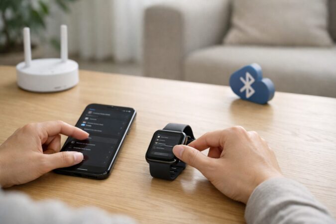 Apple Watchのカメラリモートが不安定なときに、iPhoneとWatchを並べてOS・設定・接続条件を確認している日本人の手元イメージ