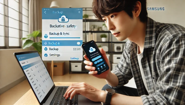 スマートフォンとノートパソコンを使ってSamsungアカウントにログインし、バックアップ設定を確認している日本人。自宅の作業環境で安全確認を行う様子。
