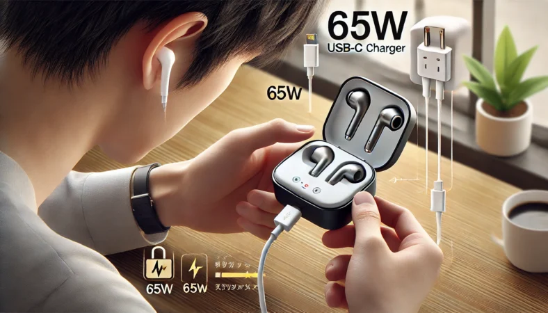 日本人ユーザーがデスク上でワイヤレスイヤホンを65WのUSB-C充電器に安全に接続し、端子の状態を慎重に確認している様子。変換アダプタを使わず、短いケーブルで直接接続されている。