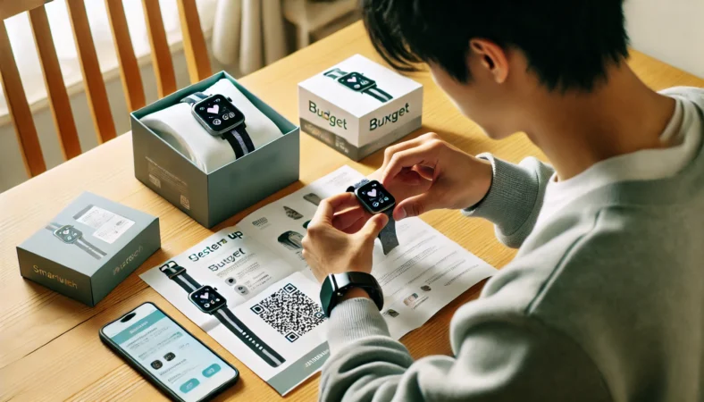 自宅でワークマンのスマートウォッチを箱から取り出し、スマートフォンでパッケージのQRコードを読み取ってアプリをダウンロードしようとしている日本人。説明書と本体がテーブルに並べられている。