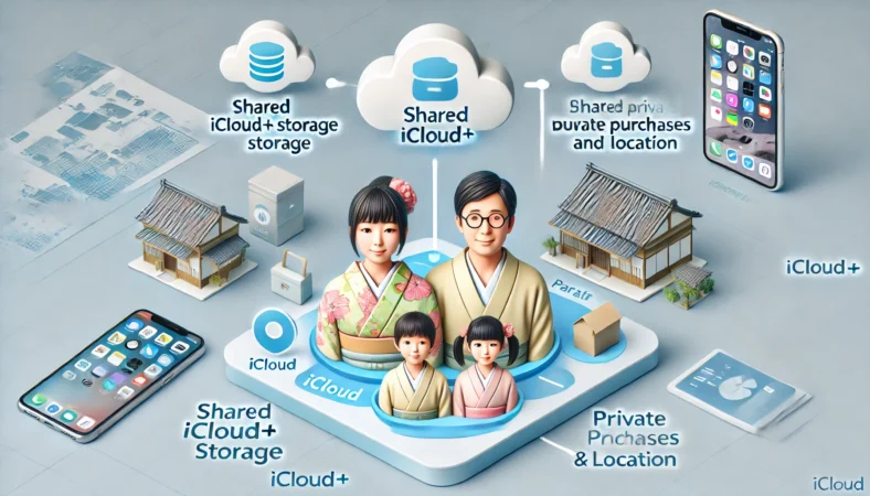 iCloudファミリー共有で、1人の日本人家族メンバーが購入や位置情報を非共有にしながら、容量のみを共有している概念的なビジュアル。