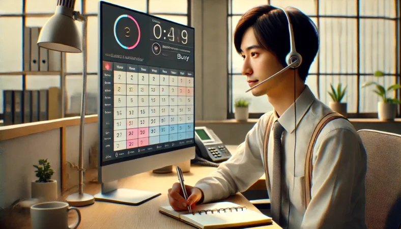 一人会議（集中ブロック）で会議中状態を作りつつ誤解を減らす運用を表現した、日本人のデスク風景.