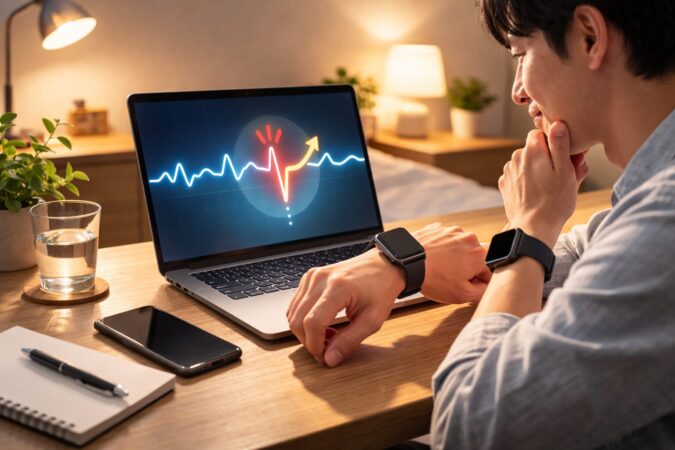 心拍データに一瞬だけ低い谷が出る誤差のイメージ（数値や文字なしのグラフ表現）