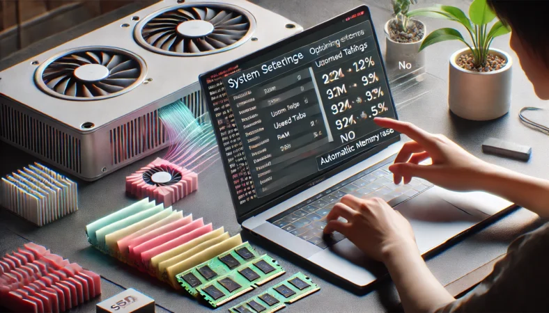 ノートPCの冷却台とRAMを並べ自動解放設定を確認する日本人ユーザーの作業風景