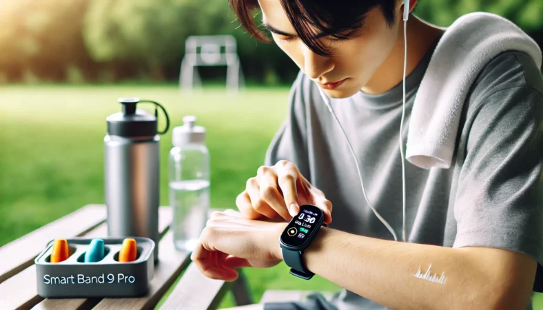 公園でワークアウト中の日本人男性がXiaomi Smart Band 9 Proを使い、健康データを確認している様子。GPSが稼働している安全な環境下での正しい使い方が強調された構図。