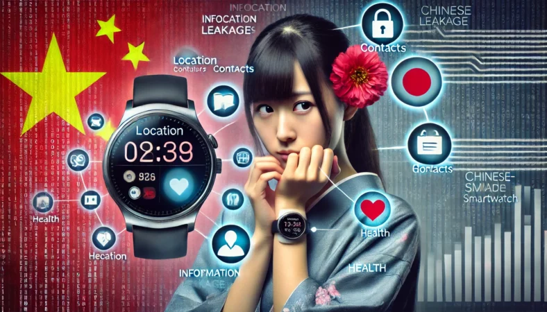 情報漏えいの不安を象徴するように、位置情報や健康データのアイコンが浮かぶ中で、不安そうな表情をするスマートウォッチをつけた日本人女性のイメージ。