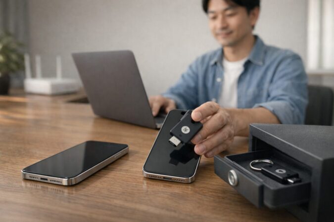 ログインできるうちにセキュリティキーを事前登録し、予備キーも分散保管する準備のイメージ