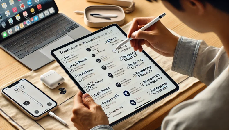 Apple Pencilの充電不良を原因ごとに切り分けるため、ケースを外しながらiPadとPencilの接続状態をチェックする日本人ユーザーの様子。