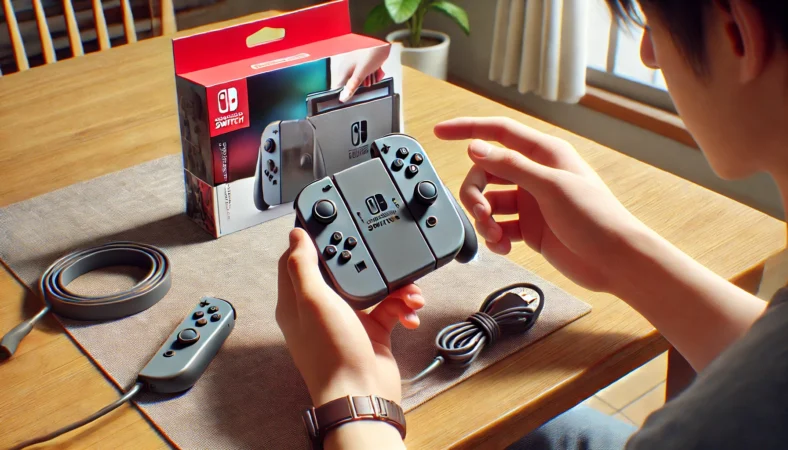 任天堂Switch2に付属する非充電型グリップを手に取り、機能を確認している日本人の手元。テーブルの上にグリップが置かれ、充電ケーブルが接続されていない様子が明確に示されている。