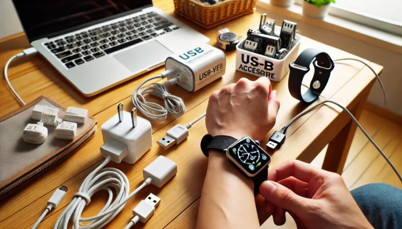 日本人が100均のUSBケーブルや電源アダプターを組み合わせて、スマートウォッチの充電環境を即席で構築している家庭内のシーン。実用性を重視した工夫が見られる。