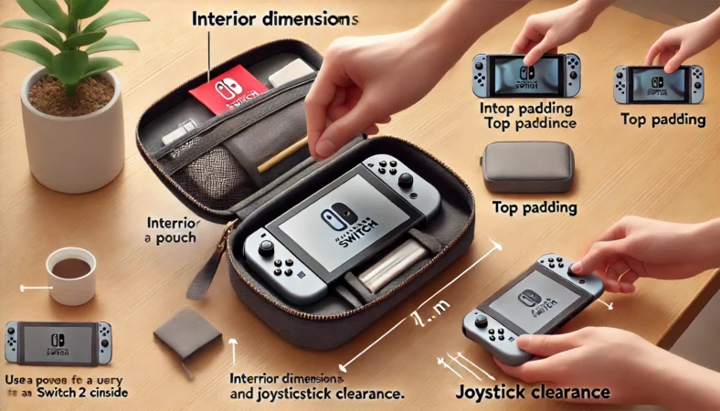 日本人がSwitch2をソフトポーチに収納し、上から軽く押してスティックへの干渉がないかを確認している様子。内部の厚みや保護性をチェックしている場面。