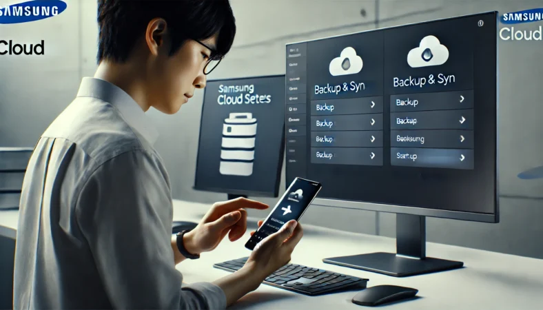 日本人がスマートフォンとPCを同時に操作し、Samsung Cloudの設定画面でバックアップや同期オプションを確認している様子。シンプルかつ効率的な作業環境で、クラウド操作の最短ルートを実行している場面。