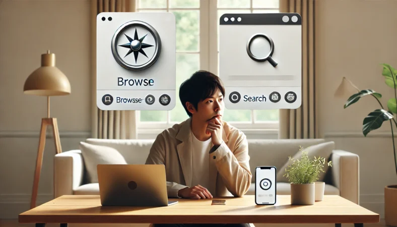 生活動線に合わせて最適なブラウザを選ぶ判断を表現した、選択肢を前に迷う日本人ユーザーのビジュアル