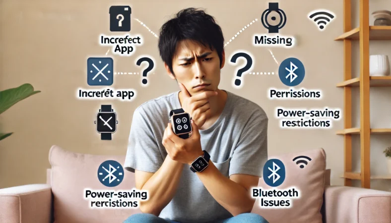 スマートウォッチを手に困惑した表情の日本人男性。周囲には「アプリの違い」「権限不足」「省電力設定」「Bluetooth不調」などの問題を示すアイコンが浮かび、家庭でのトラブルシュートを表現。
