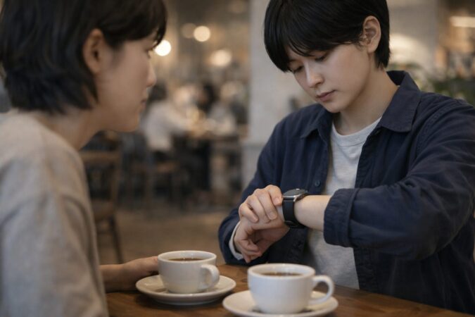 会話中に手元を気にして印象が心配になるスマートウォッチ利用者の日本人カフェシーン