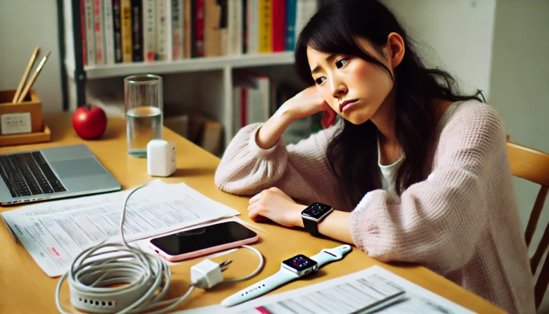Apple Watchを着けた日本人女性が、机に広げた書類を前にして不満げな表情を浮かべている。スマートウォッチは起動しているが放置されており、使用が習慣化しなかった様子がうかがえる。