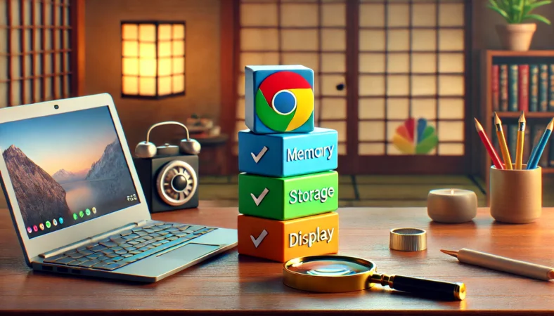 Chromebook購入で価格の失敗を避けるために仕様を見極める象徴として、机上の道具を整えてチェックするイメージ