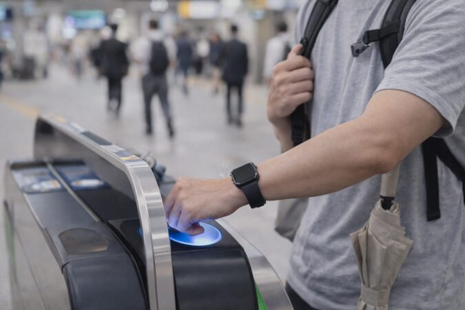 手首決済で改札をスムーズに通れるアップルウォッチの便利さを示す通勤シーン