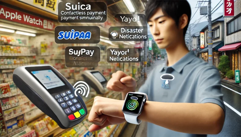 日本人がコンビニでApple Watchを使って非接触決済を行いながら、災害速報の通知を受け取っている場面。都市の現実的な背景とともに、SuicaやPayPay、防災アプリの即時性と利便性を表現。