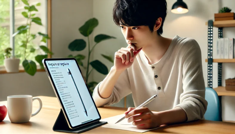 日本人ユーザーがApple Pencilを前に、修理・交換すべきかを判断するためにトラブルシューティングの内容を確認している場面。整ったデスク環境で、冷静に状況を見極めようとしている様子が描かれている。