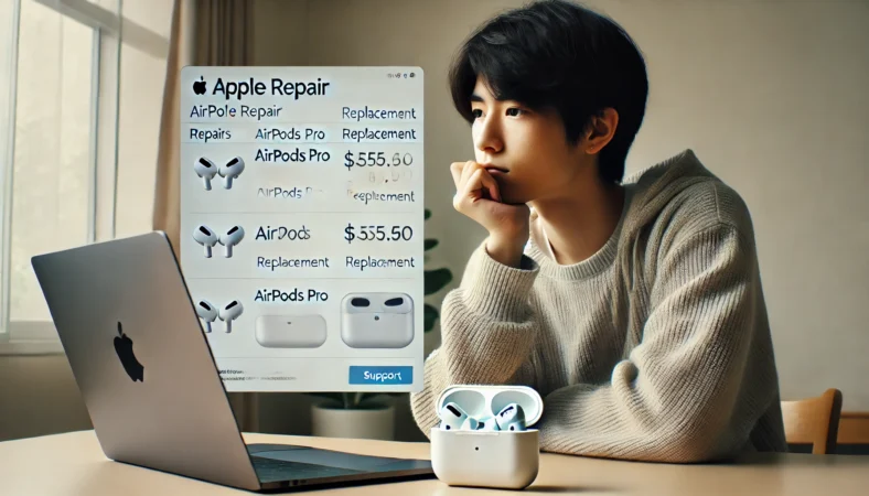 日本人の人物がデスクでノートパソコンを使い、AirPods Proの修理費用と交換の判断材料をAppleサポートのページで確認している様子。近くにはAirPodsのケースが置かれている。
