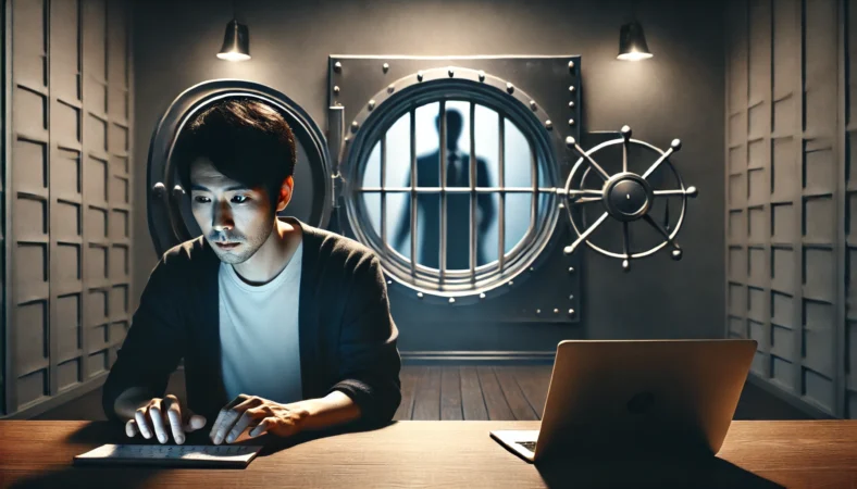 ノートパソコンを前に驚く日本人女性と、背後で大きく開いた金庫が象徴するパスワード保管庫流出のイメージ