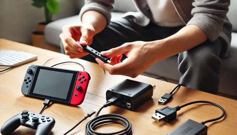 任天堂Switch 2のJoy-Con 2が充電されない問題に対処する日本人ユーザーが、室内でUSB-Cケーブルやグリップの接続を確認している様子。ドックやACアダプターも視認できる冷静な検証シーン。