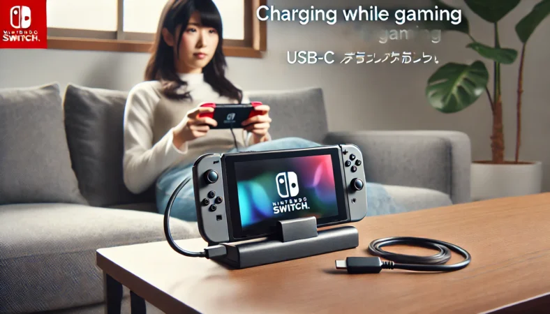 任天堂Switch2をTVモードでプレイしながらJoy-Con 2を充電している日本人ユーザーの様子。充電グリップにUSB-Cケーブルが接続され、快適にゲームを楽しんでいる室内シーン。