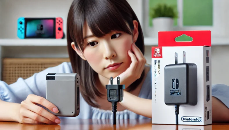 任天堂Switch2の純正ACアダプターと他社製品を比較しながら選択する日本人ユーザー。背景にはJoy-Con 2と充電グリップが見え、安全性を重視して検討している様子が描かれている。