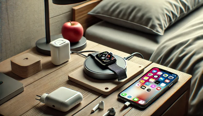 高速ワイヤレス充電ステーションでApple Watchを充電中の日本のモダンな室内。iPhoneやイヤホンも整然と並び、日常的なデバイス運用と効率的な充電環境が整った様子を表現。