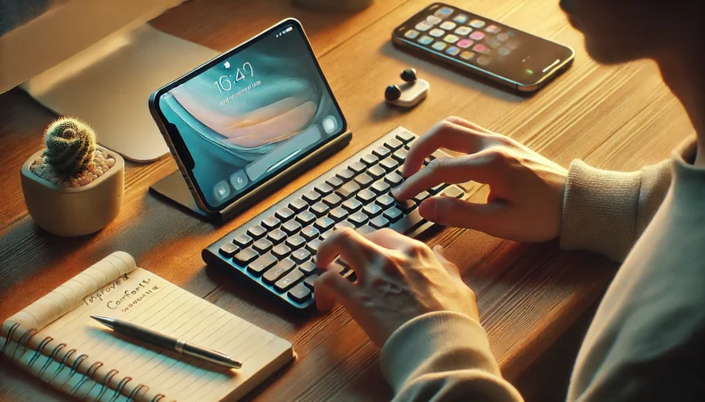 折りたたみBluetoothキーボードでSafari検索やフォーム入力を快適化する日本人ユーザーの作業風景