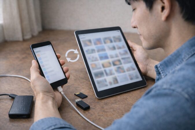 iCloud写真は同期で消える不安が出やすいため、外部退避後に整理する流れを示すデバイス確認イメージ.