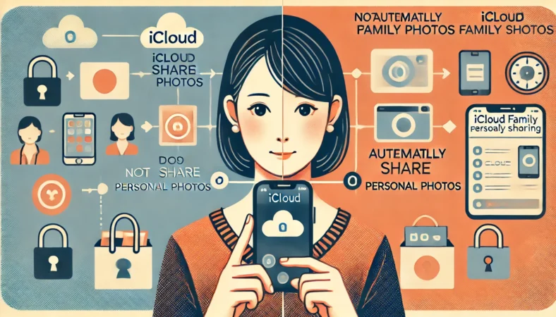 スマートフォンを操作する日本人がリラックスした様子で座っており、背後には個人データと共有アイコンが分かれて視覚化された概念図。iCloudファミリー共有が自動的に写真を共有しないことを象徴する構成。