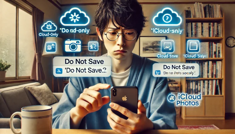 日本人が自宅でiPhoneの写真保存設定を操作しながら困惑している様子。クラウドのみの保存や「保存しない」設定を示すアイコンが周囲に配置され、ローカル保存されないリスクと混乱を表現している。