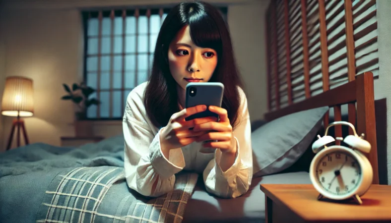 ベッドルームでスマートフォンを操作しながら、自分の写真が見られないか不安そうな表情を浮かべる日本人女性。プライベート空間と個人情報保護への意識を強調した構図。