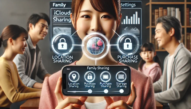 日本人家族がiCloudファミリー共有の設定を調整している様子。背景には位置情報共有、購入共有、ストレージ共有のトグルが表示され、どの情報を共有するかを自分で選べることを示している。