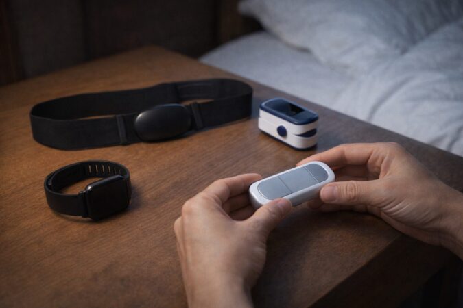 スマートウォッチの心拍と胸ストラップ・パルスオキシメータ・携帯型心電計を別方式で突合して比較するイメージ