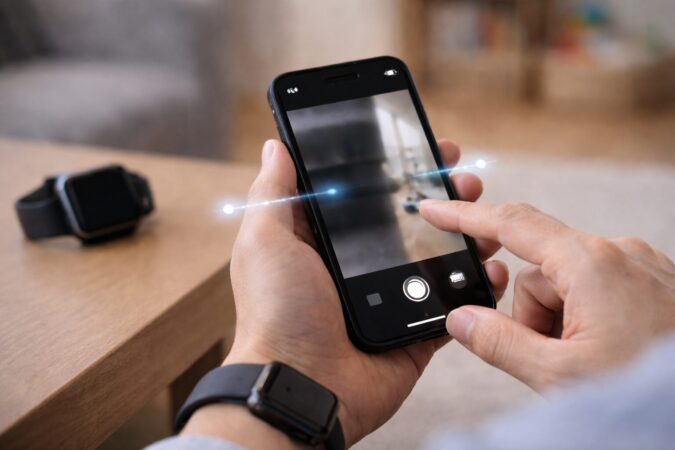 iPhoneのカメラモードを写真と動画で切り替えて、Apple Watchのプレビュー復帰を狙う操作イメージ