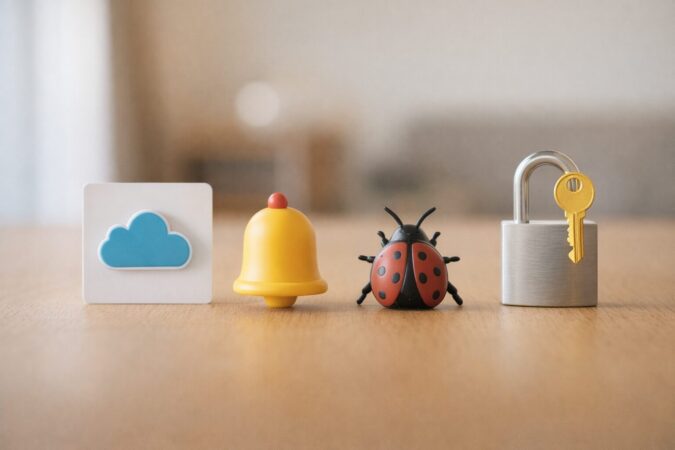 同期・通知誘導・不正アプリ・アカウント不正利用など原因を象徴物で整理したイメージ