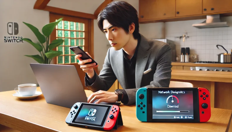 Switch2のダウンロード停止に対処するため、ノートパソコンとスマートフォンでネットワーク診断を行う日本人ユーザーの室内シーン