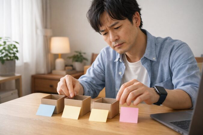 原因を切り分けるために日本人が机上で複数の要因を整理しているイメージ