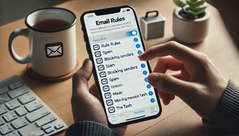 日本人ユーザーがiPhoneでiCloudメールの受信拒否やフィルター設定をしている様子。迷惑メール対策として特定の送信者をブロックする操作中の場面。