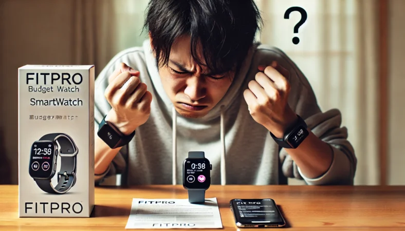 自宅でワークマンのスマートウォッチとスマートフォンの接続に苦戦している日本人。FitProアプリの設定で混乱している様子がリアルに描かれている。
