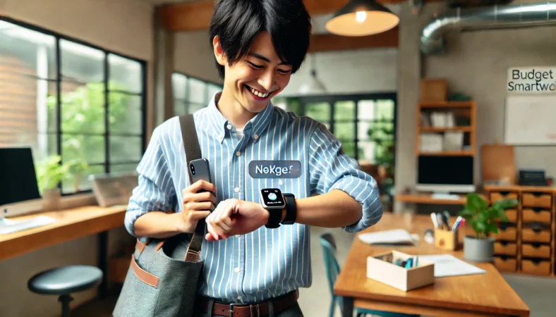 職場でスマホを取り出さずに、ワークマンのスマートウォッチで通知を確認して微笑む日本人。手首にLINEや着信の通知が届く便利さを実感している場面。