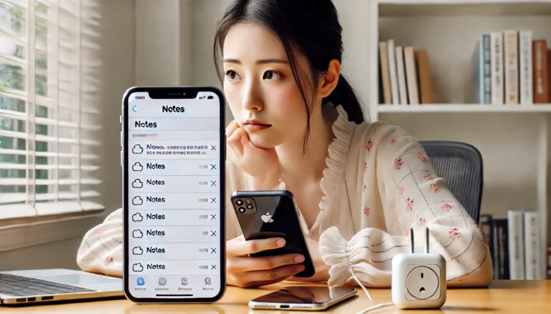 日本人女性がiPhoneの画面を見つめながら、iCloudメモが表示されない問題に対処している様子。Wi-Fiと充電に接続済み。