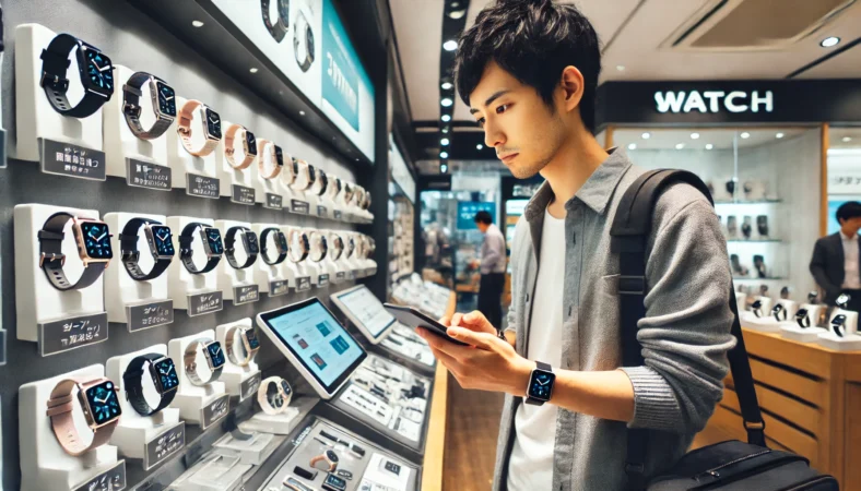 スマートフォンを片手に、複数の日本の小売店でスマートウォッチを探す日本人。店舗棚をチェックする様子が現実的に描かれている。