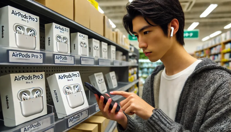 家電量販店の棚の前でスマートフォンを使い、AirPods Pro 3の在庫状況を確認する日本人男性。