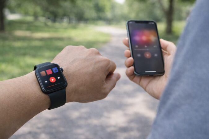 公園でスマートウォッチの再生画面を見ながら音楽を操作する日本人ランナーの手元